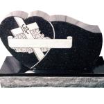 Goldstar Black single heart special shape Design 252. Flat carved cross, flowers and family name scroll.